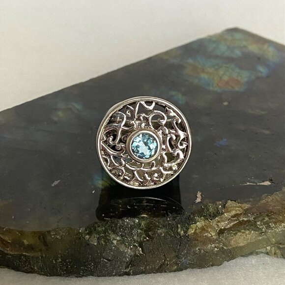 Sterling Silver 925 Round Blue Topaz Scrollwork Wide Band Statement Ring Sz 5.75 - Picture 12 of 16